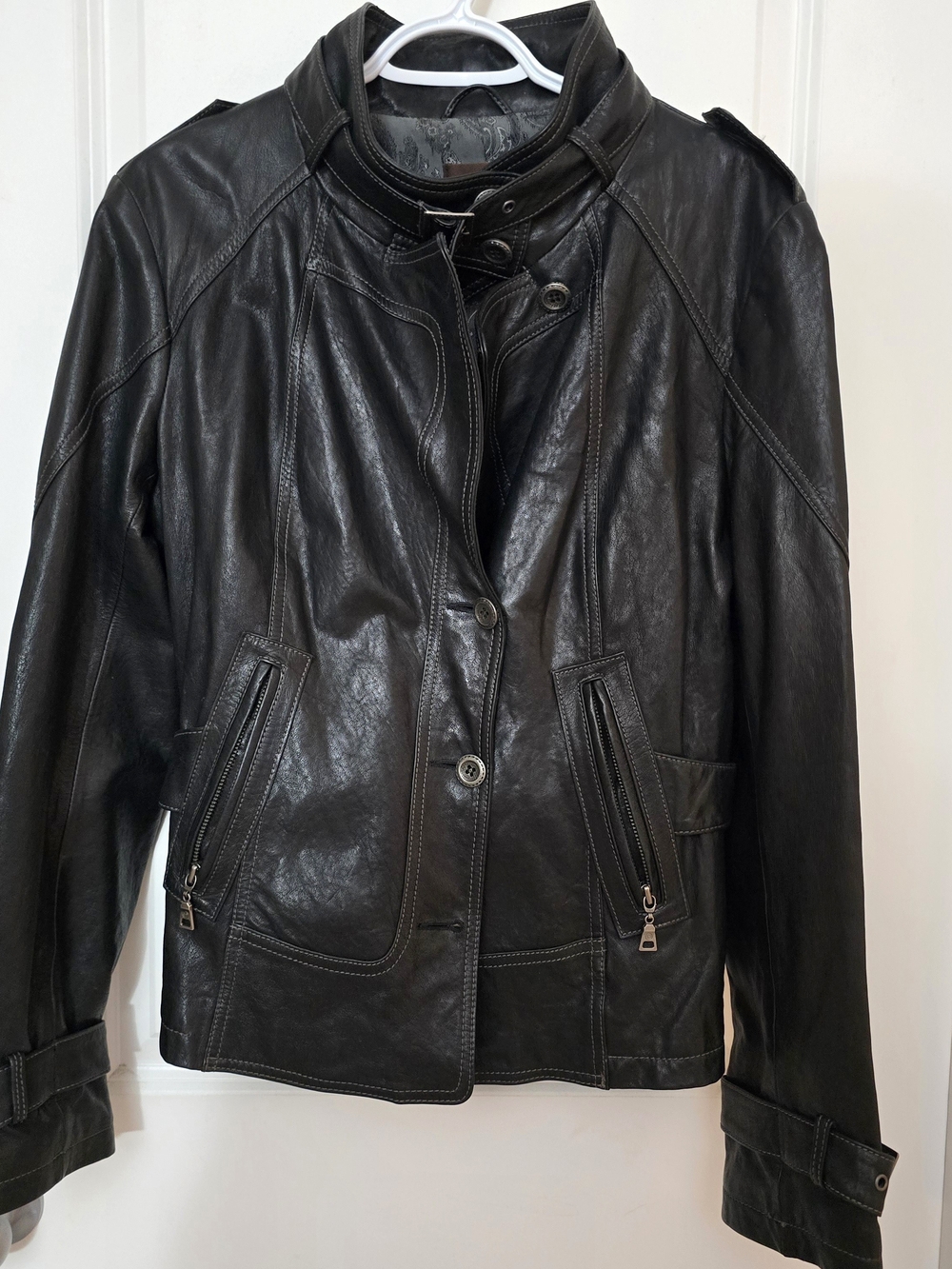 Danier Genuine Leather Jacket XL Black Military Moto Style Funnel Collar